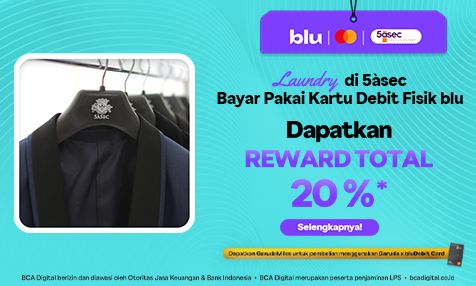 Laundry di 5asec Bayar Pakai Kartu Debit Fisik blu, Dapatkan Rewards Total 20%