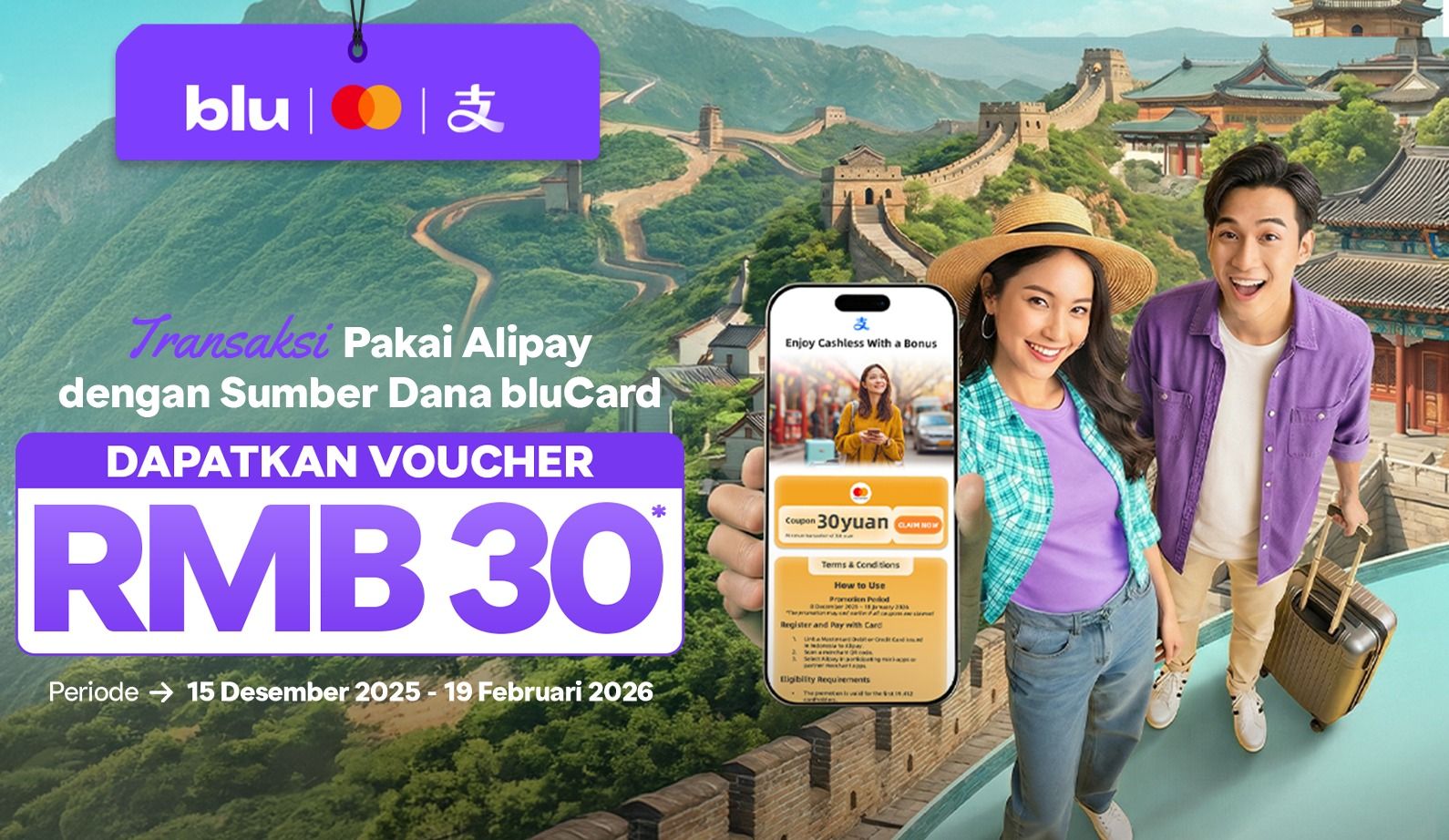 Transaksi di Alipay Bayar Pakai bluCard, Dapatkan Voucher RMB 30