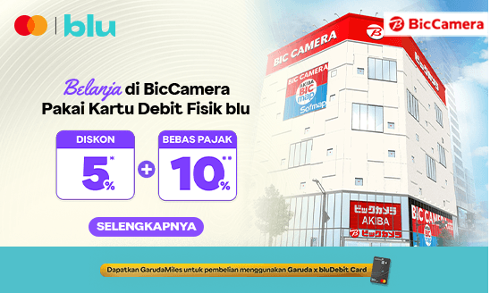 Diskon 5% + Bebas Pajak 10% dengan Belanja di BicCamera Bayar Pakai Kartu Debit Fisik blu